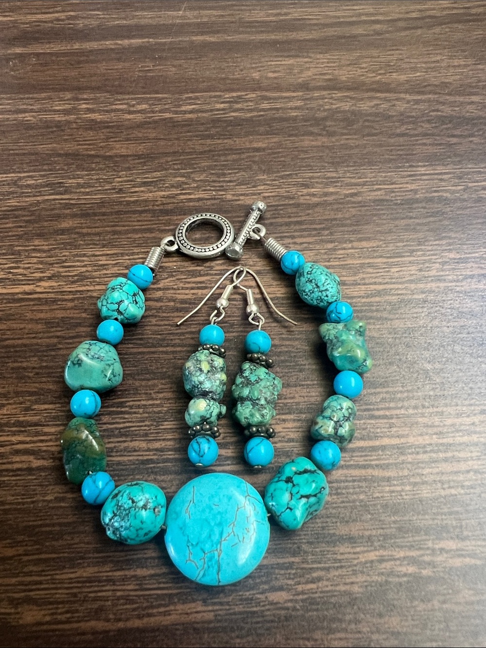 Turquoise Bead Statement Bracelet and Earrings Set - Blue